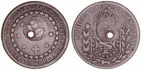 Brasil 
40 Reis. AE. 1824 R. Resellado por valor de 20 Reis. (KM.360). Agujero. BC+).