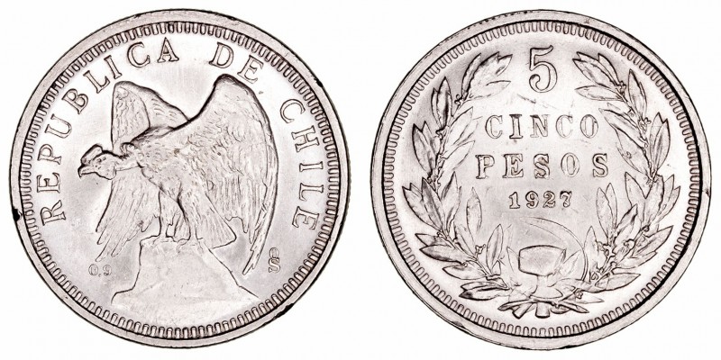 Chile 
5 Pesos. AR. Santiago. 1927. 24.94g. KM.173.1. Ligero golpecito en canto...