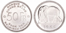 Congo Belga 
50 Francos. AR. 1944. 17.47g. KM.27. Escasa. MBC+.