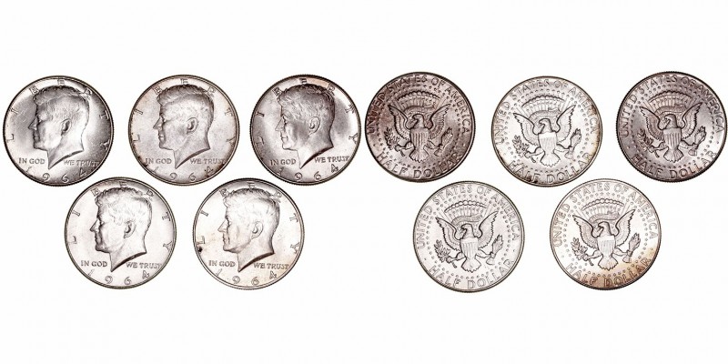 Estados Unidos 
1/2 Dólar. AR. 1964. Lote de 5 monedas. KM.202. EBC+ a EBC-.