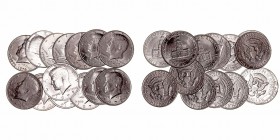 Estados Unidos 
1/2 Dólar. Cuproníquel. Lote de 14 monedas. 1971 (3), 1971 D, 1972 (2), 1972 D, 1974, 1976 (2), 1976 D (2), 1977 D y 1980 D. KM.202b/...