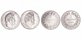 Francia Luis Felipe I
5 Francos. AR. Lote de 2 monedas. 1845 W y 1847 A. MBC a MBC-.