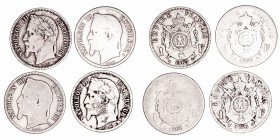 Francia Napoleón III
Franco. AR. Lote de 4 monedas. 1866 A, 1866 BB, 1867 K y 1868 A. MBC- a RC.