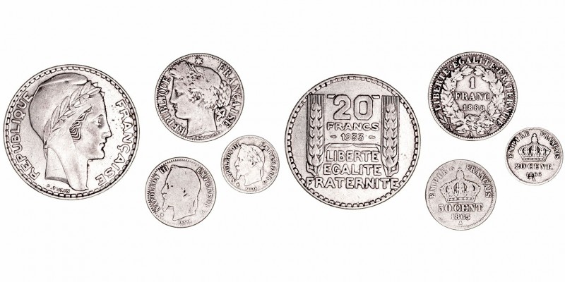 Francia 
AR. Lote de 4 monedas. 20 Céntimos 1866 A, 50 Céntimos 1865 A, Franco ...