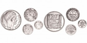 Francia 
AR. Lote de 4 monedas. 20 Céntimos 1866 A, 50 Céntimos 1865 A, Franco 1888 A y 20 Francos 1933. MBC a BC.