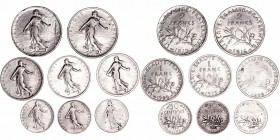 Francia 
AR. Lote de 8 monedas. 1/2 Franco 1901, 1913 y 1917, Franco 1899, 1909 y 1915, 2 Francos 1915 y 1916. MBC+ a BC-.