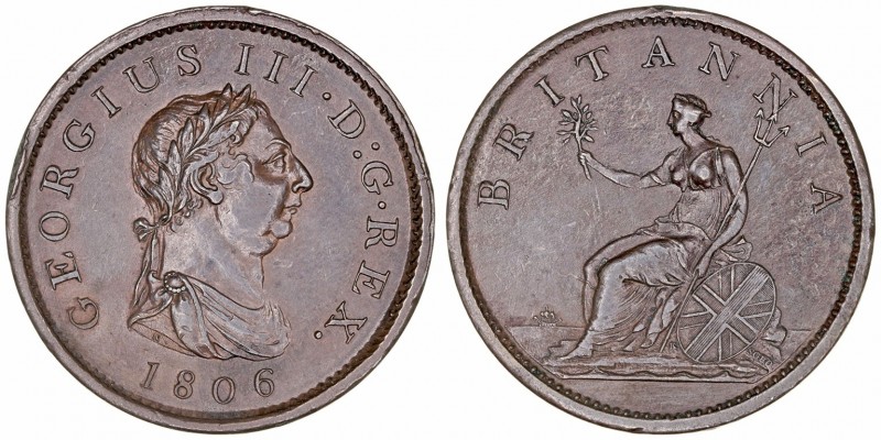 Gran Bretaña Jorge III
Penny. AE. 1806. 18.75g. KM.663. Golpecito en canto. Esc...
