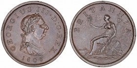 Gran Bretaña Jorge III
Penny. AE. 1806. 18.75g. KM.663. Golpecito en canto. Escasa así. (EBC-/MBC+).