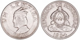 Honduras 
Lempira. AR. 1934. 12.48g. KM.75. Escasa. MBC-/MBC+.