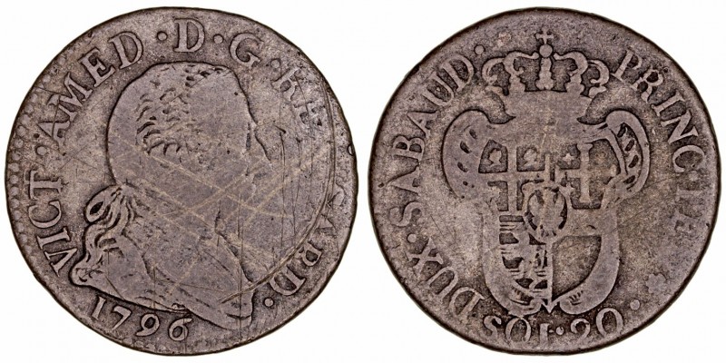 Italia 
20 Soldi. AE. 1796. Victorio Amadeo III (1773-1796). Turín. Biaggi 851c...