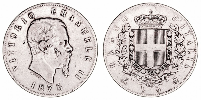 Italia Víctor Manuel II
5 Liras. AR. 1873 BN. 24.80g. KM.8.3. BC-.