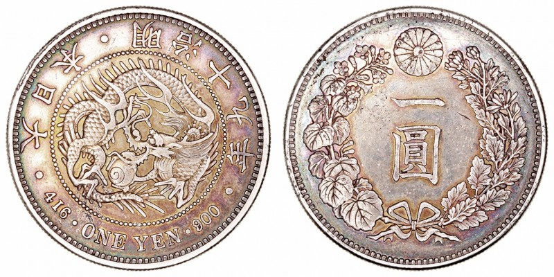 Japón 
Yen. AR. Año 16 (1883). 26.94g. Y.A25.2. Pátina oscura. Escasa. MBC+/MBC...