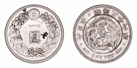 Japón 
Yen. AR. Año 36 (1903). Dos resellos orientales. 26.95g. Y.A25.3. Suave pátina. (MBC+).