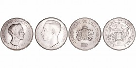 Luxemburgo 
100 Francs. AR. Lote de 2 monedas. 1963 y 1964. EBC.