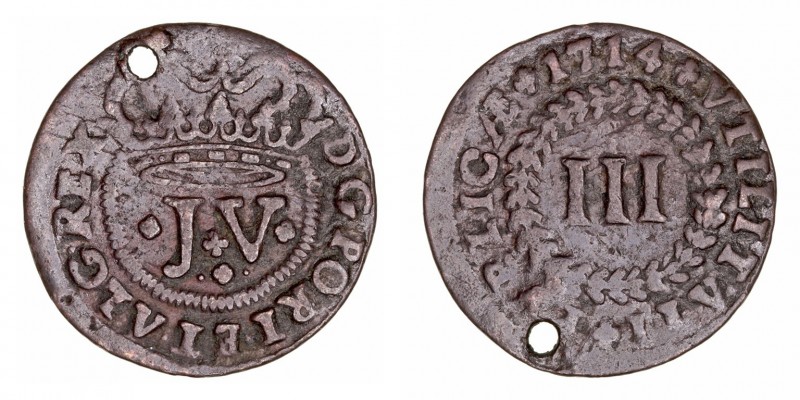 Portugal Juan V
3 Reis. AE. 1714. KM.190. Agujero. (BC).