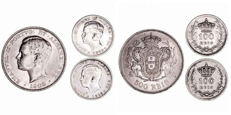 Portugal Manuel II
AR. Lote de 3 monedas. 100 Reis 1909 y 1910, 500 Reis 1908. ...