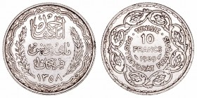Túnez 
10 Francos. AR. 1358 H. (1939). 10.00g. KM.265. MBC+.