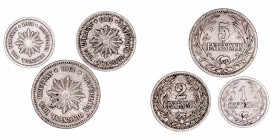 Uruguay 
Cuproníquel. 1901. Lote de 3 monedas. 1, 2 y 5 Centésimos. MBC a BC+.