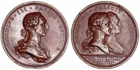 Carlos III
Medalla. AE. Boda del Príncipe de Asturias (futuro Carlos IV) y María Luisa de Parma, 1765. Grabador T. Prieto. 57.88g. 49.00mm. Vives 679...