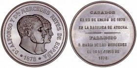 Alfonso XII
Medalla. AE. Matrimonio y Fallecimiento de Mª de las Mercedes, 1878. 60.91g. 51.00mm. Anverso como Vives 850 (LXXII-2). Bella pieza. Muy ...