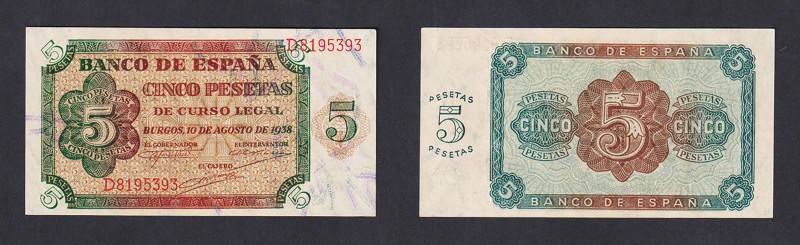 Estado Español, Banco de España
5 Pesetas. Burgos, 10 agosto 1938. Serie D. ED....