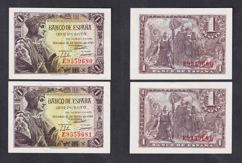 Estado Español, Banco de España
1 Peseta. 21 mayo 1943. Serie E. Pareja correla...
