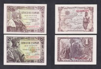 Estado Español, Banco de España
Lote de 2 billetes. 1 Peseta 1943 (N) y 1945 (G). ED.447a y 448a. EBC+ a EBC.