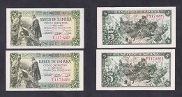 Estado Español, Banco de España
5 Pesetas. 15 junio 1945. Serie F. Pareja correlativa. ED.449a. SC.