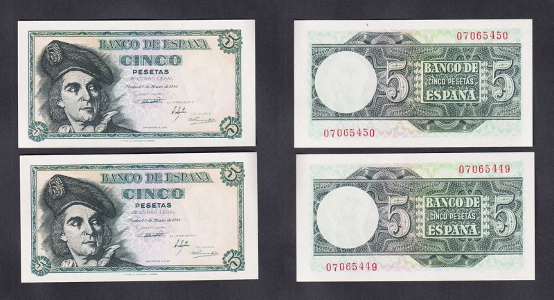 Estado Español, Banco de España
5 Pesetas. 5 marzo 1948. Sin serie. Pareja corr...