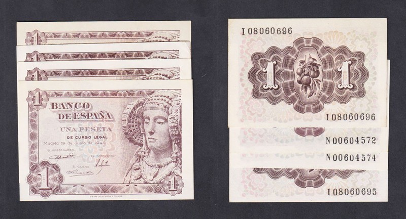 Estado Español, Banco de España
1 Peseta. 19 junio 1948. Lote de 4 billetes. Se...