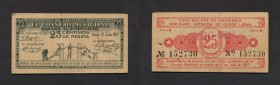 Billetes locales
Alcoy, C.M. 25 Céntimos. 12 Julio 1937. Montaner 91a. Grieta central por doblez. (BC+).