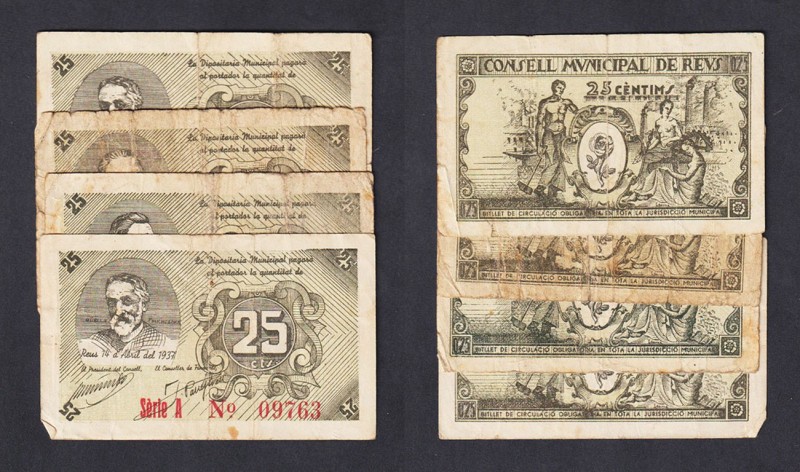 Billetes locales
Reus, C.M. Serie de personajes. Lote de 4 billetes. 25 Céntimo...