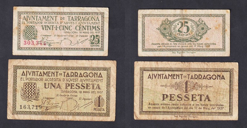 Billetes locales
Tarragona, Ay. 25 Céntimos y Peseta 1937. Algo sucios. (BC a B...