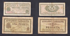 Billetes locales
Tarragona, Ay. 25 Céntimos y Peseta 1937. Algo sucios. (BC a BC-).