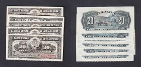 Banco Español de la Isla de Cuba
20 Centavos. Habana, 15 febrero 1897. Lote de 6 billetes correlativos. ED.85. EBC+ a EBC-.
