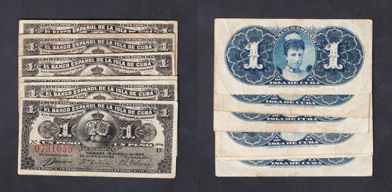 Banco Español de la Isla de Cuba
Peso. Habana, 15 mayo 1896. Lote de 6 billetes...