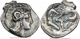 CALABRIA. Tarentum. Ca. 380-280 BC. AR diobol (14mm, 1.30 gm, 1h). NGC Choice XF 4/5 - 4/5. Ca. 325-280 BC. Head of Athena right, wearing crested Atti...