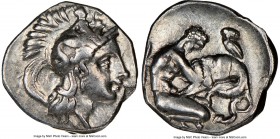 CALABRIA. Tarentum. Ca. 380-280 BC. AR diobol (12mm, 5h). NGC Choice VF. Ca. 325-280 BC. Head of Athena right, wearing crested Attic helmet decorated ...