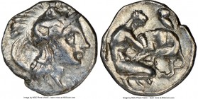 CALABRIA. Tarentum. Ca. 380-280 BC. AR diobol (12mm, 2h). NGC Choice VF. Ca. 325-280 BC. Head of Athena right, wearing crested Attic helmet decorated ...