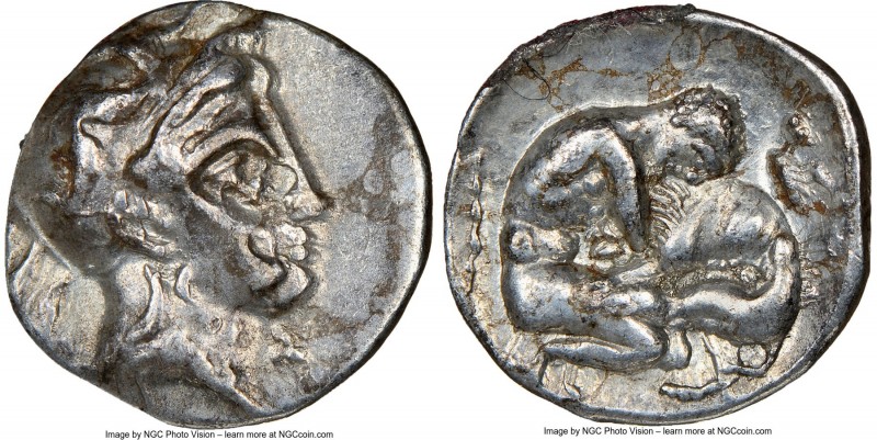 CALABRIA. Tarentum. Ca. 380-280 BC. AR diobol (12mm, 3h). NGC Choice VF, die shi...