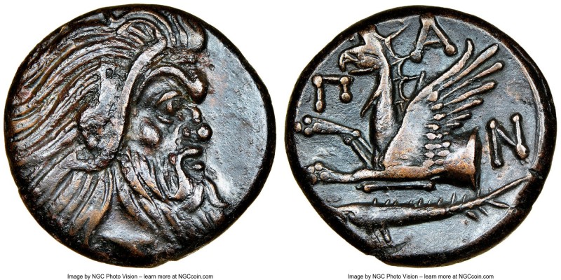 CIMMERIAN BOSPORUS. Panticapaeum. 4th century BC. AE (20mm, 11h). NGC XF. Head o...