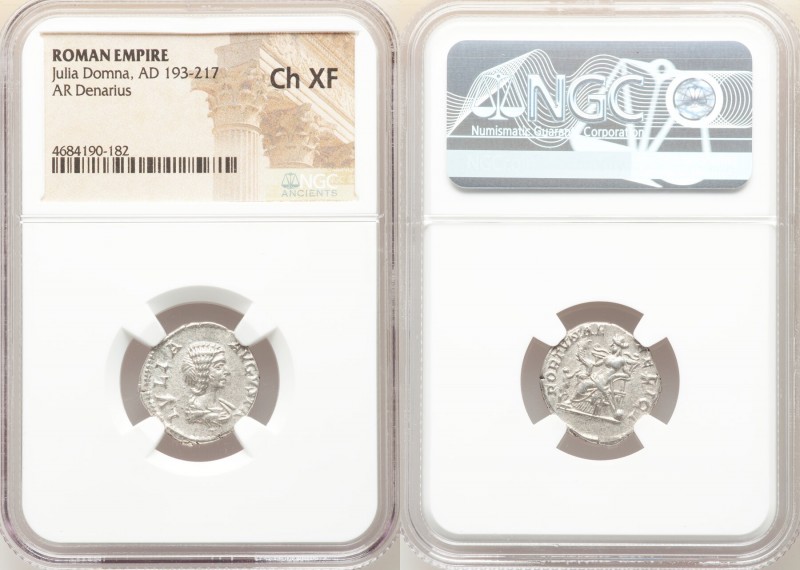 Julia Domna (AD 193-217). AR denarius (19mm, 1h). NGC Choice XF. Rome, AD 207-21...