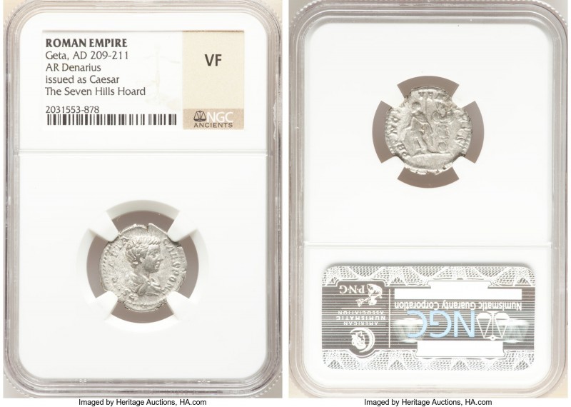 Geta (AD 209-211). AR denarius (19mm, 6h). NGC VF. Rome, AD 200-202. P SEPT GETA...