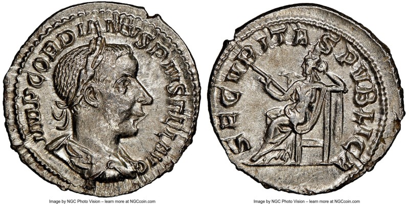 Gordian III (AD 238-244). AR denarius (20mm, 2.54 gm, 1h). NGC MS 5/5 - 3/5. Rom...