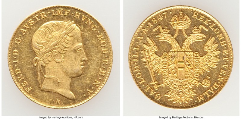 Ferdinand I gold Ducat 1847-A AU, Vienna mint, KM2262. 20.1mm. 3.48gm. 

HID09...