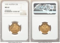 Republic gold 25 Schillings 1935 MS62 NGC, Vienna mint, KM2856. Mintage: 2,880. First year of a four year series. AGW 0.1702 oz. 

HID09801242017
...