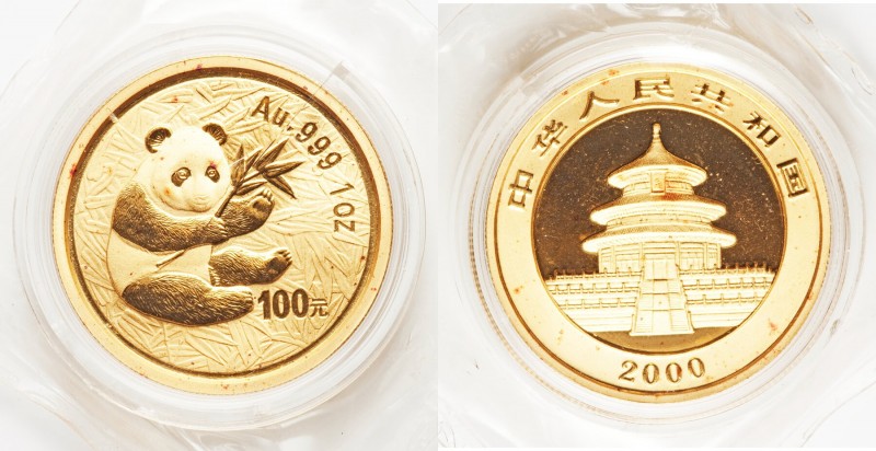 People's Republic gold "Frosted Ring" Panda 100 Yuan (1 oz) 2000 UNC, KM1307. Co...
