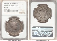 Republic Souvenir Peso 1897 MS62 NGC, Gorham mint, KM-XM1. Type I, wide date variety, with "PAT 97" on neck and right obverse star above baseline of t...