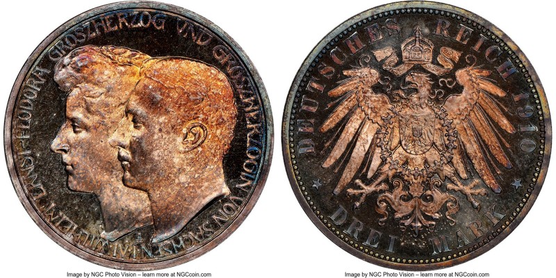 Saxe-Weimar-Eisenach. Wilhelm Ernst Proof 3 Mark 1910-A PR67 Cameo NGC, Berlin m...