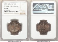 Saxony. Friedrich August III 2 Mark 1909 MS66 NGC, KM1268. Celebrates the 500th anniversary of the founding of Leipzig University. Violet, red and blu...